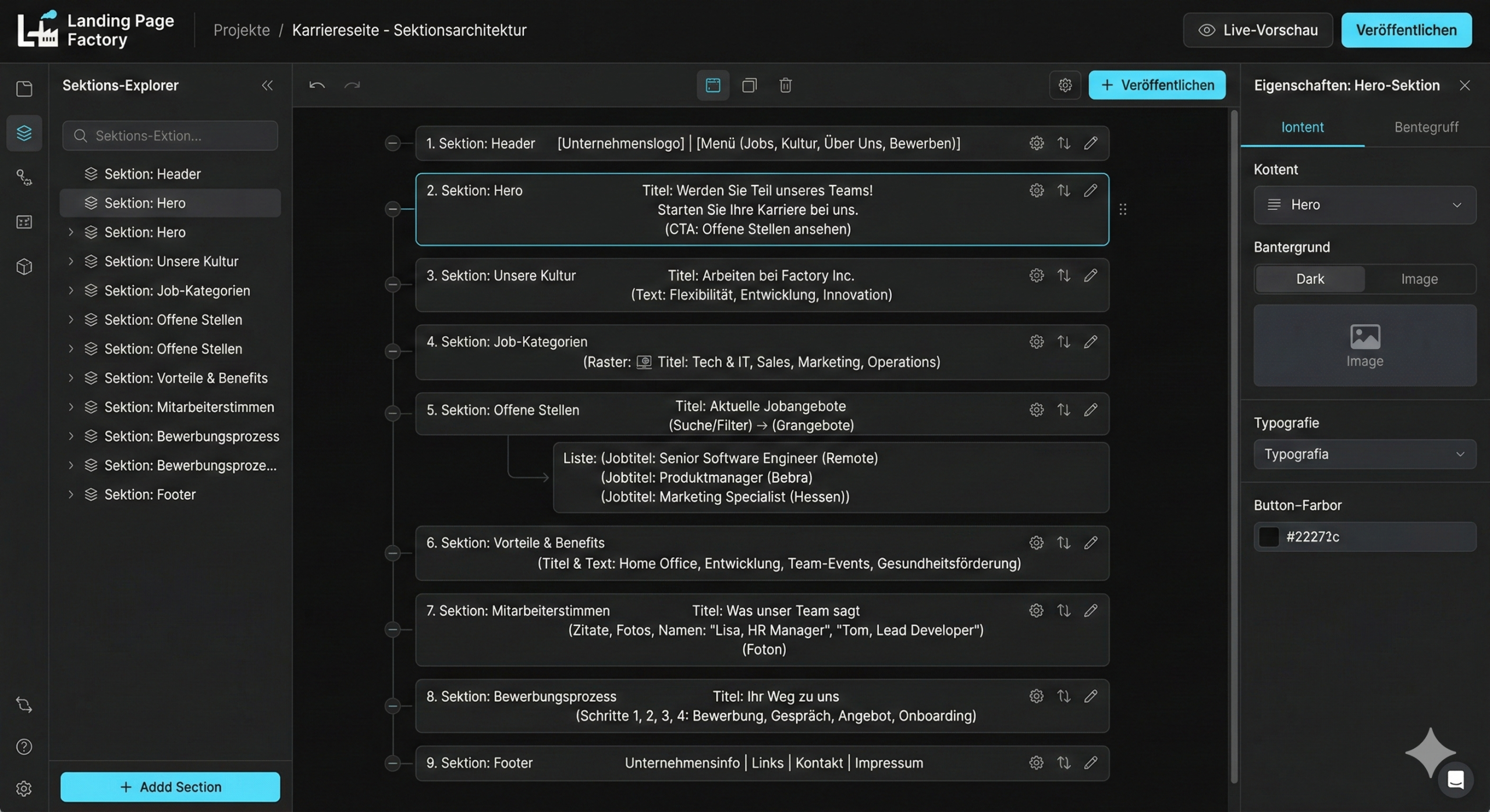 Eine Dark-Mode UI-Ansicht unserer Landing Page Factory, die die Sektions-Architektur einer Karriereseite zeigt.