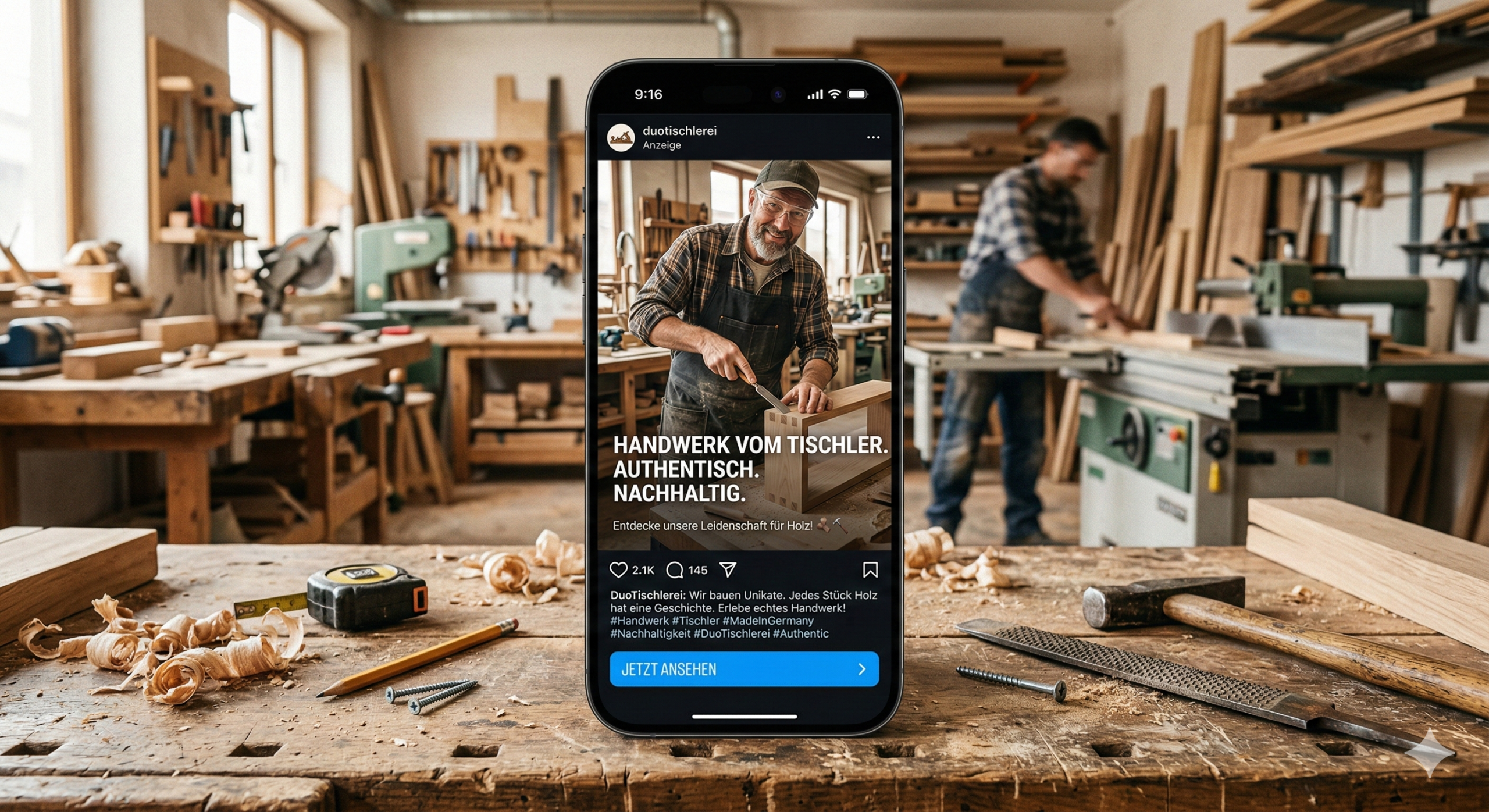 Mockup eines Smartphones, das eine starke, authentische Video-Ad auf Instagram/Facebook im Handwerks-Kontext zeigt.
