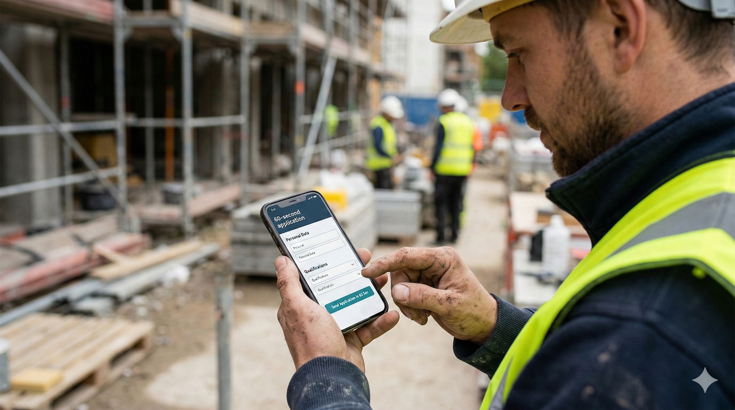 Ein Handwerker auf der Baustelle, der in sein Smartphone tippt (Fokus auf die mobile 60-Sekunden-Bewerbung).
