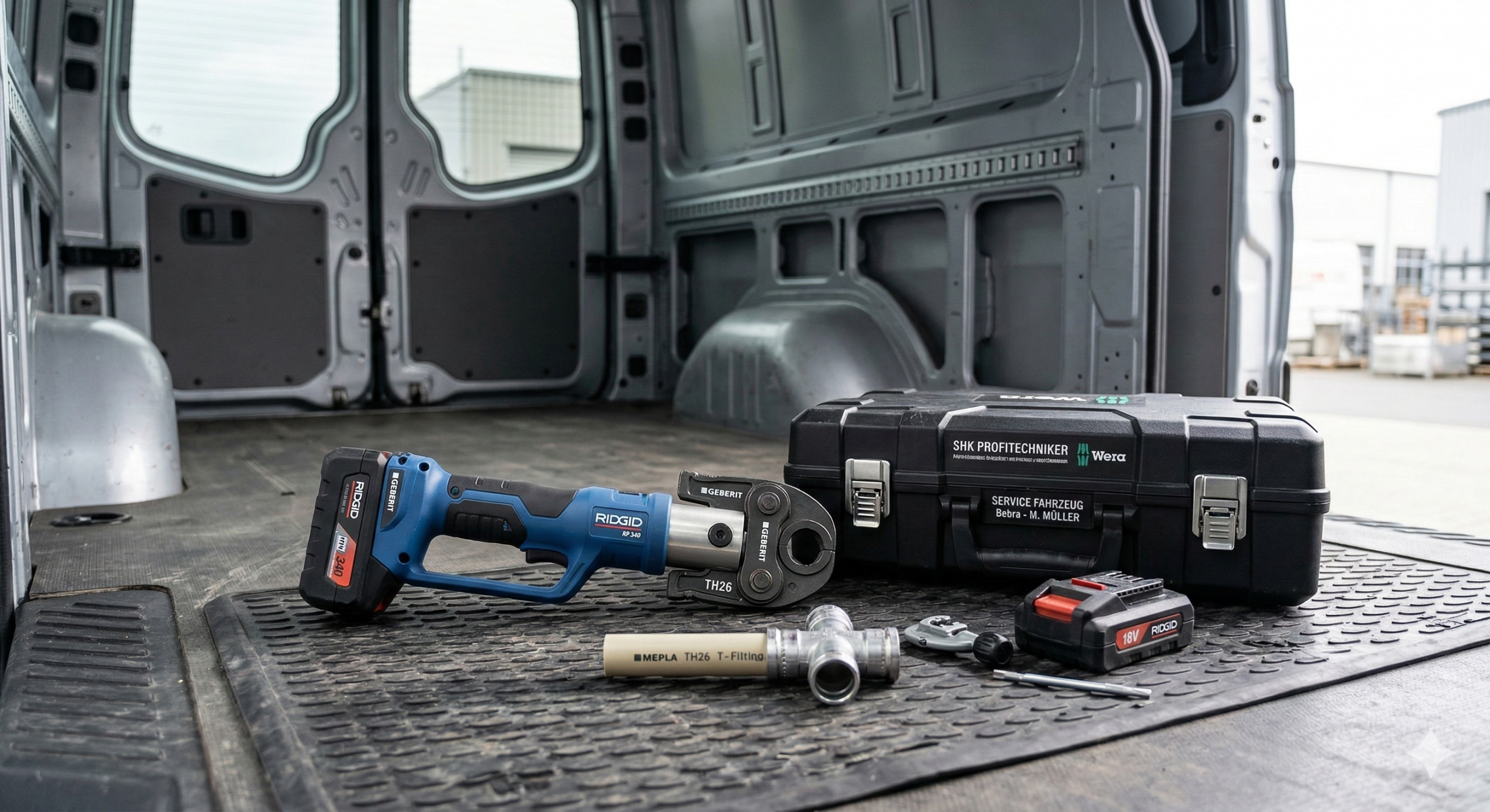 Detailaufnahme eines hochwertigen SHK-Techniker-Werkzeugkoffers und einer Pressmaschine in einem leeren Fahrzeug.