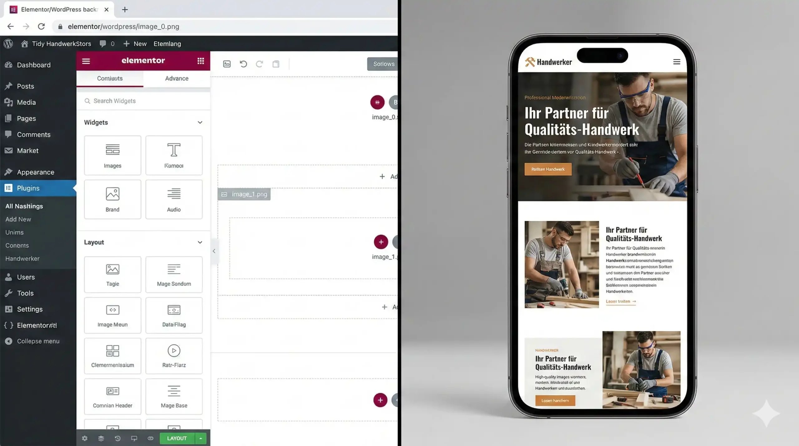 Split-Screen: Eine Seite zeigt das aufgeräumte Elementor/WordPress-Backend, die andere Seite das fertige, moderne handwerker Frontend auf einem Smartphone.