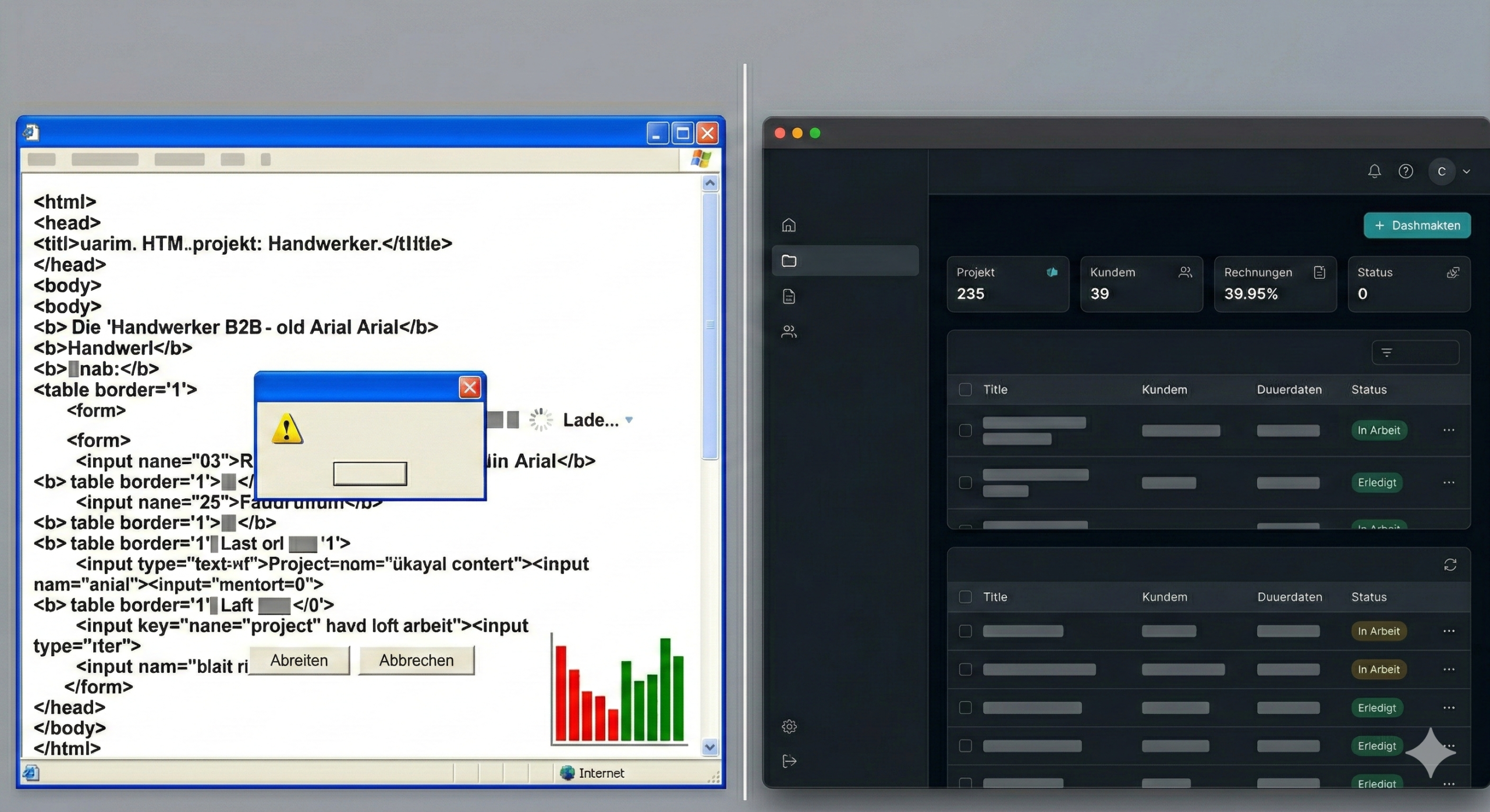 Links veraltetes Interface/Code, rechts ein sauberes, extrem schnelles B2B-Interface im Dark-Mode.